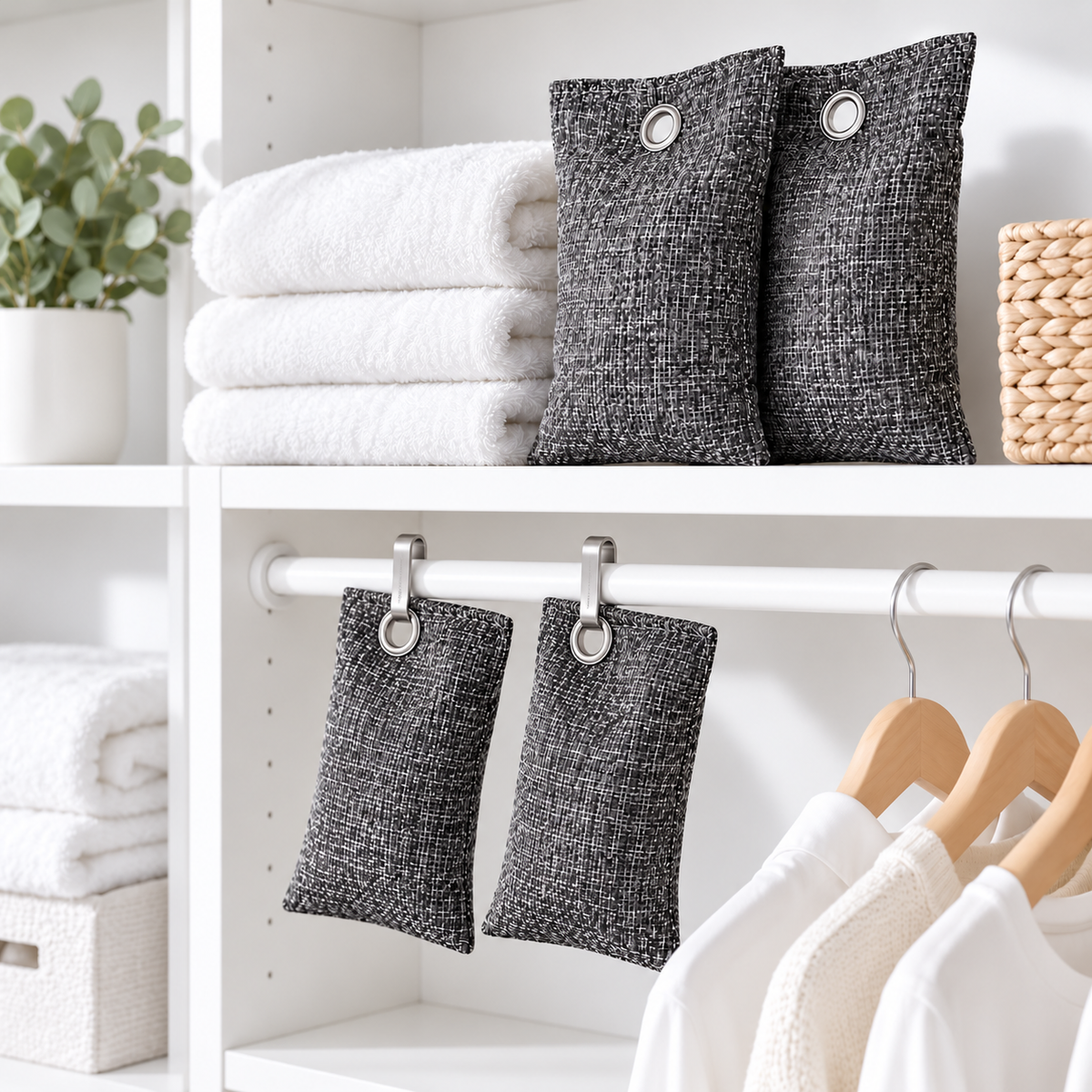 Two dark gray textured fabric air freshener or deodorizer bags hang from metal clips on a white closet rod, with folded white towels, a plant, and white clothing visible in a bright closet setting.