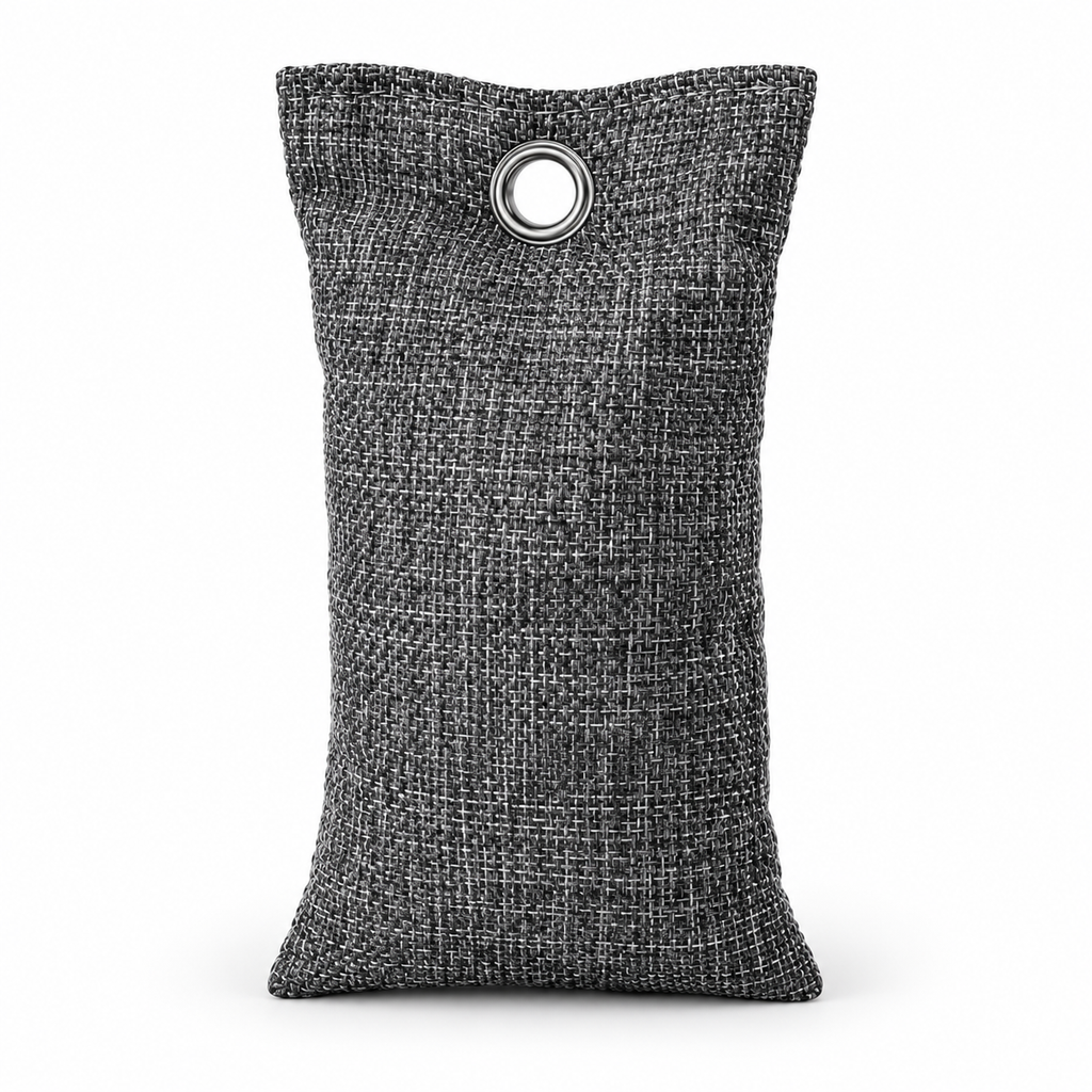 A dark gray woven fabric storage pouch with a metal grommet at the top, shown on a clean white background.