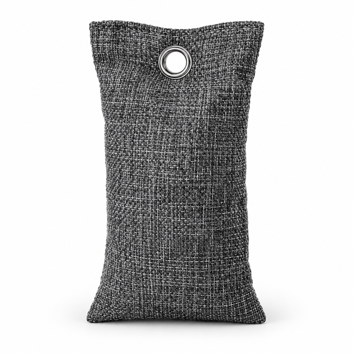 A dark gray woven fabric storage pouch with a metal grommet at the top, shown on a clean white background.