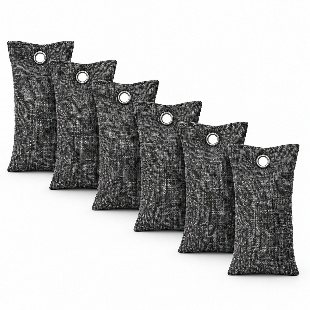 Six dark gray textured fabric bag-in-bag air fresheners arranged in a diagonal row on a white background.