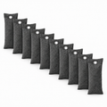 A set of ten dark gray textured fabric air freshener or deodorizer bags arranged diagonally on a plain white background. Each bag features a metal grommet at the top.