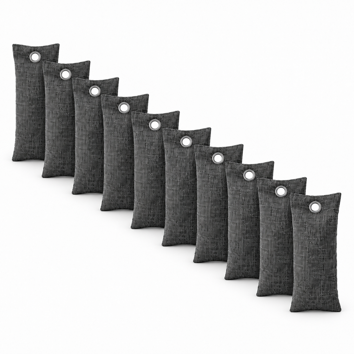 A set of ten dark gray textured fabric air freshener or deodorizer bags arranged diagonally on a plain white background. Each bag features a metal grommet at the top.