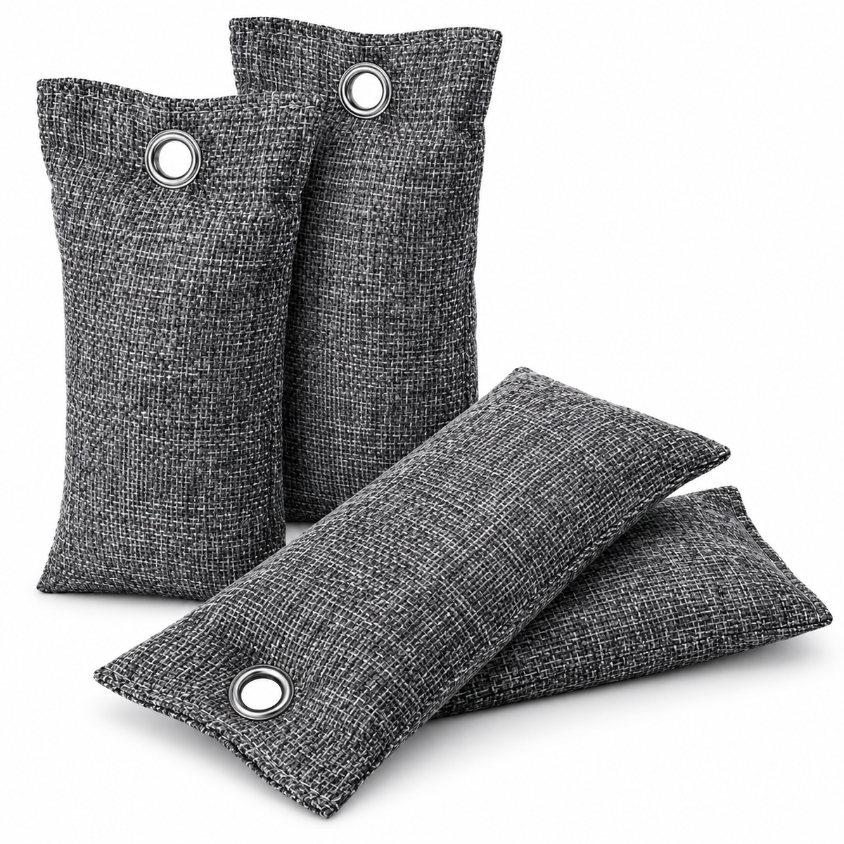 Four dark gray textured fabric air freshener or lint traps with metal grommets, arranged on a clean white background.