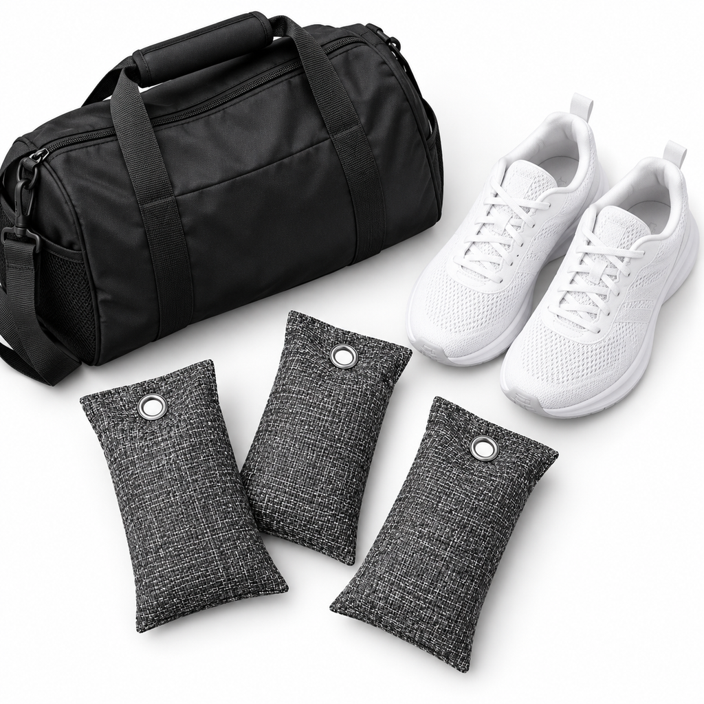 A black duffel bag shown with three dark gray fabric air freshener or odor-absorbing bags and a pair of white sneakers on a clean white background.