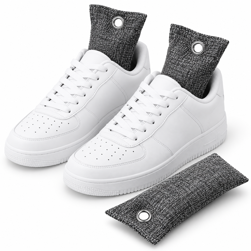 A pair of white low-top sneakers with dark gray fabric shoe socks and a matching gray foot odor absorber mat on a clean white background.